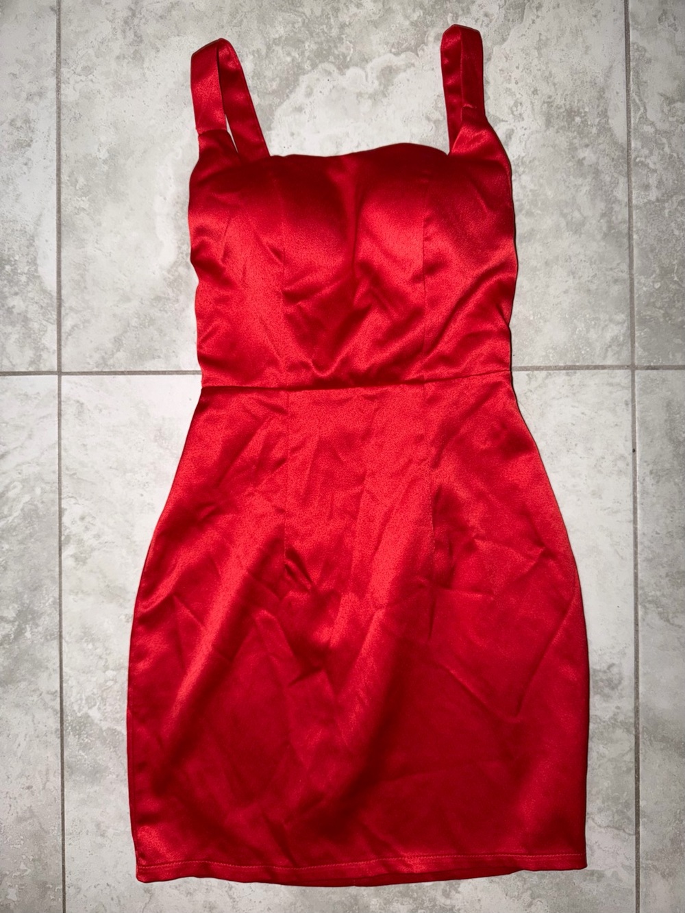 Red Satin Square-Neck Bodycon Dress